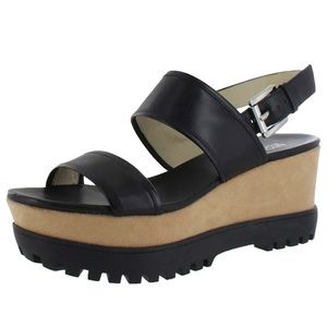 Black Leather Wedge Heel Sandals Michael Kors Gillian Size 9 NIB